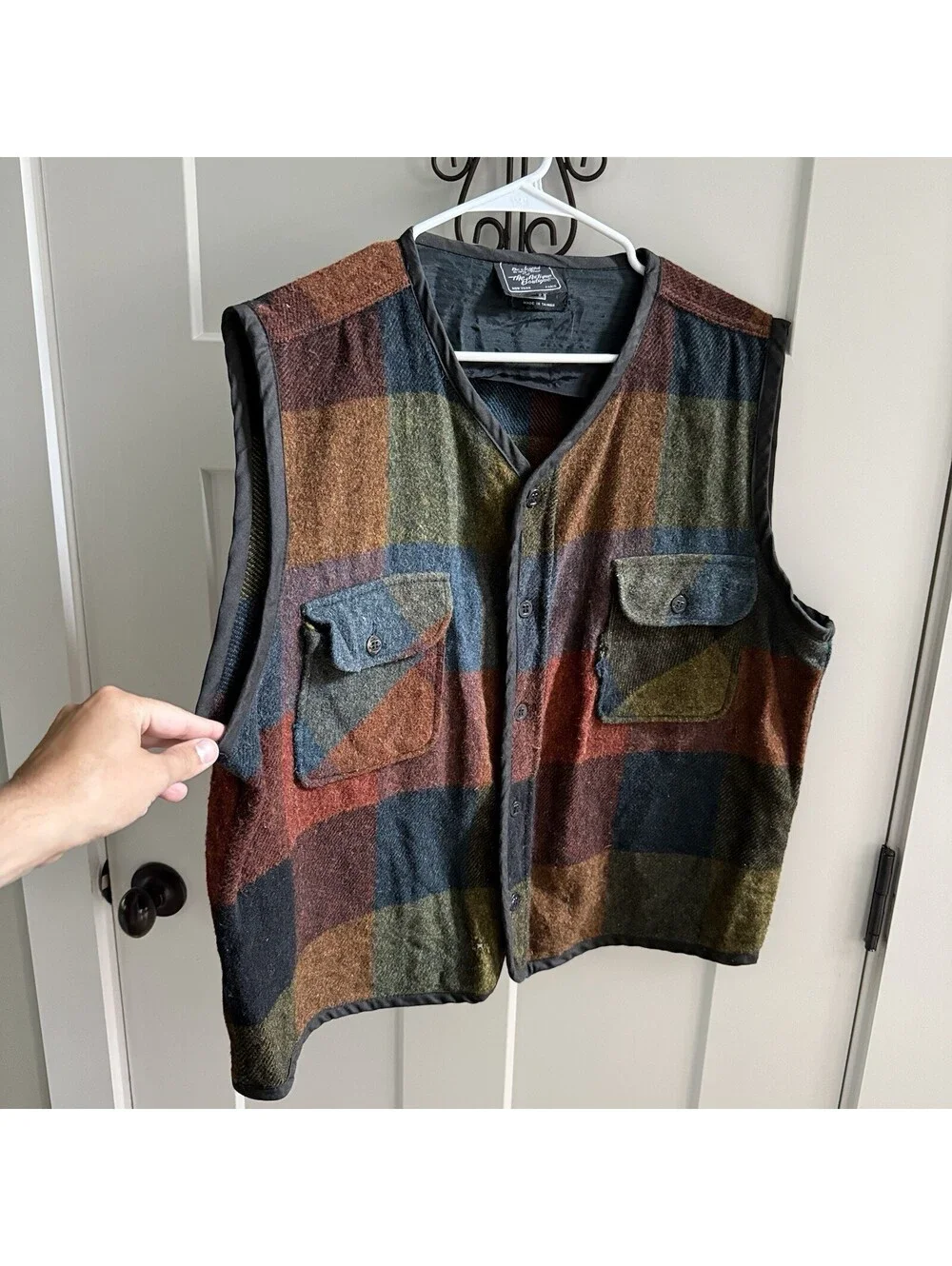 Vintage Cranbrook Plaid Wool Vest L Hunting Outdoors Patch Pocket 80s 90s